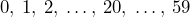 0, \: 1, \: 2, \: \ldots, \: 20,  \: \ldots, \: 59